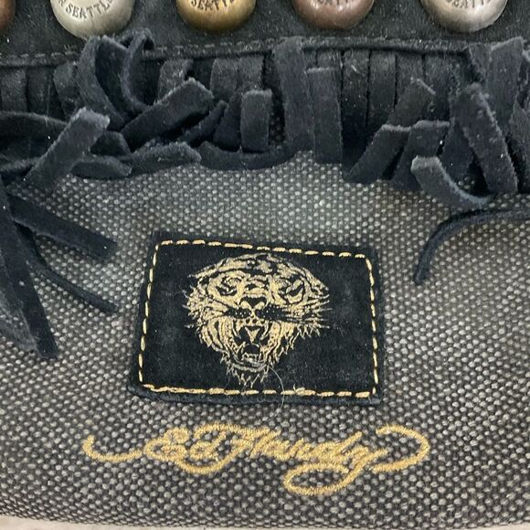 Ed Hardy Vintage Black Cow Leather Canvas Fringe Studded Clutch Wristlet - Picture 12 of 17
